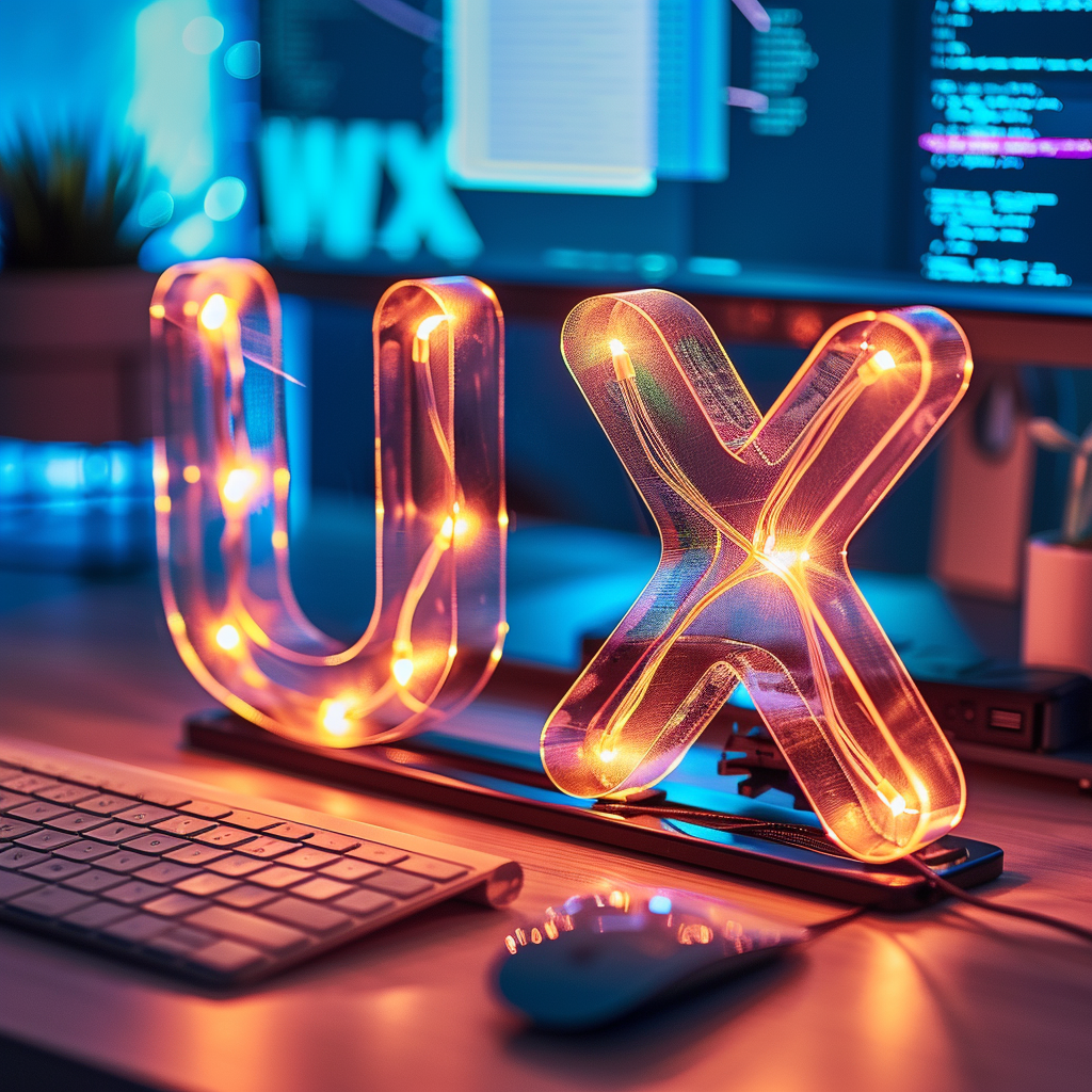 the word UX written in glowing wire, placed on a desk between a keyboard and monitor
