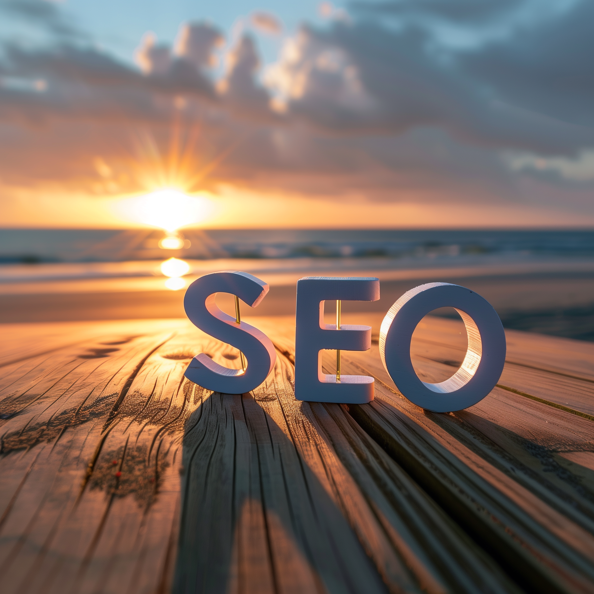 the word SEO written with 3D letters on a sandy beach, indicating the importance of SEO in 2024.
